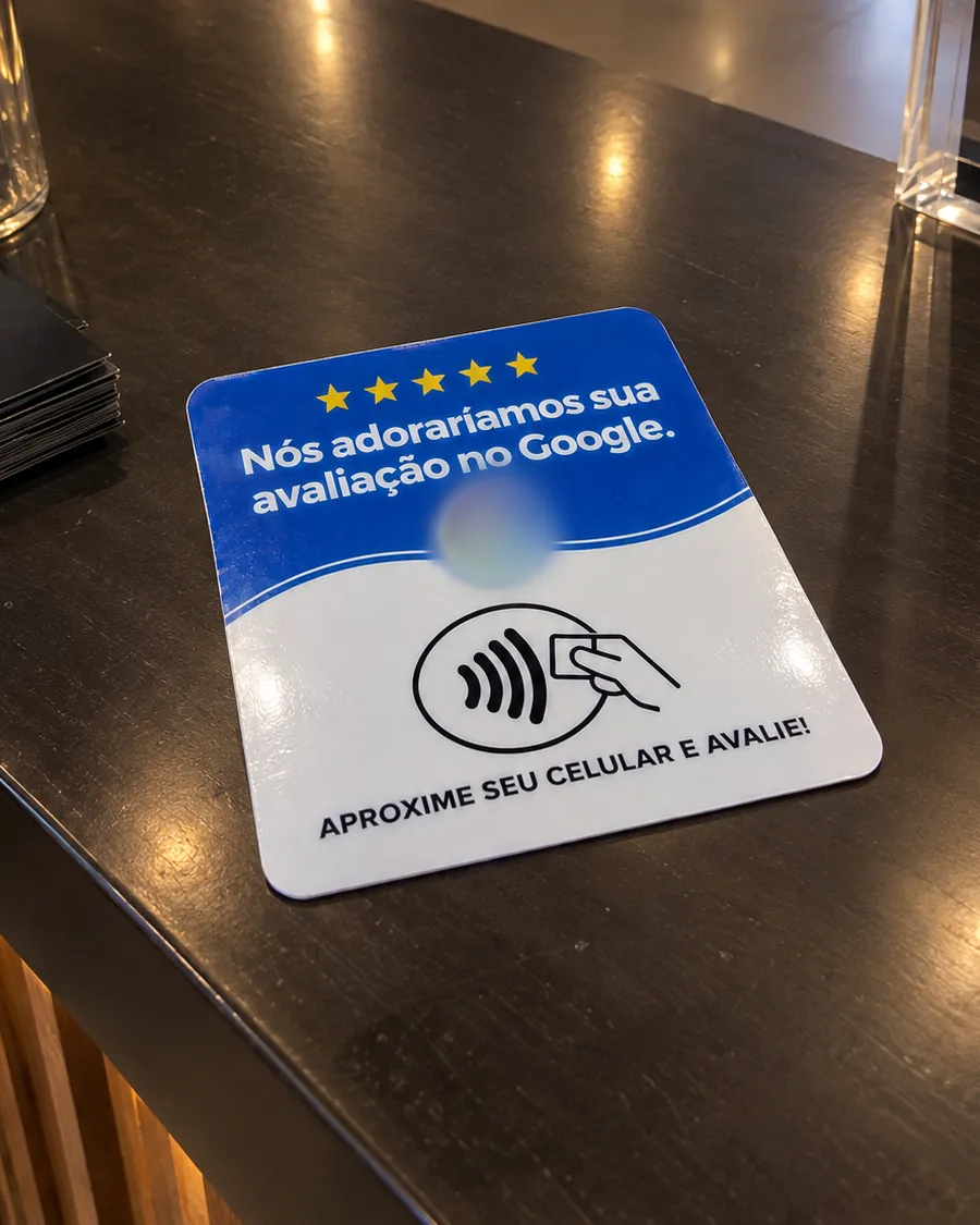 Plaquinha NFC no balcão de um estabelecimento