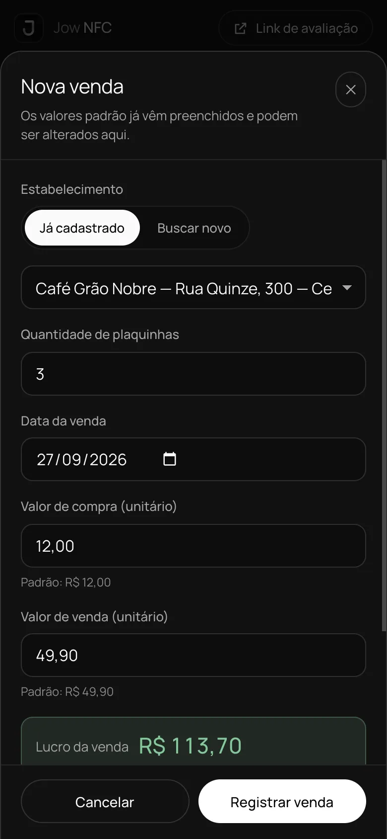 Formulário de nova venda com o lucro calculado